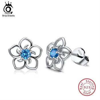 

ORSA JEWELS Authentic 925 Sterling Silver Stud Earrings Flower Shape Design AAA Blue Cubic Zircon Fashion Women Jewelry SE71-L