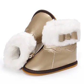 

Newborn Girls Winter Bowknot Crib First Walkers PU Leather Keep Warm Soft Rubber Soled Infant Toddler Baby Shoes