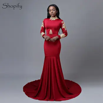 

Long Sleeve High Neck Mermaid Style Gold Lace African Red Prom Dresses 2020 With Long Train