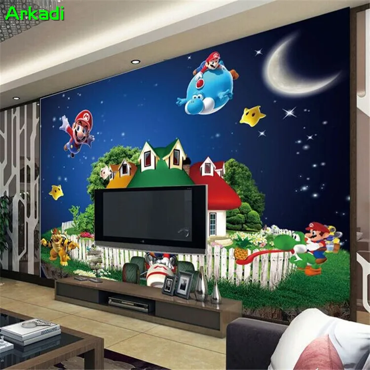 3d Tapete Super Mario Cartoon Fresko Kinderzimmer Spielplatz Kindergarten Hintergrund Tapete Sterne Nacht Schloss Malerei Aliexpress