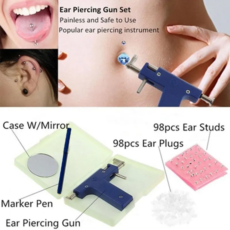 Hand Tool Professional Case Ear-Breaking Pistol 98 Pairs Kit Ear Drilling Instruments Stainless Steel Female Earhole Gun