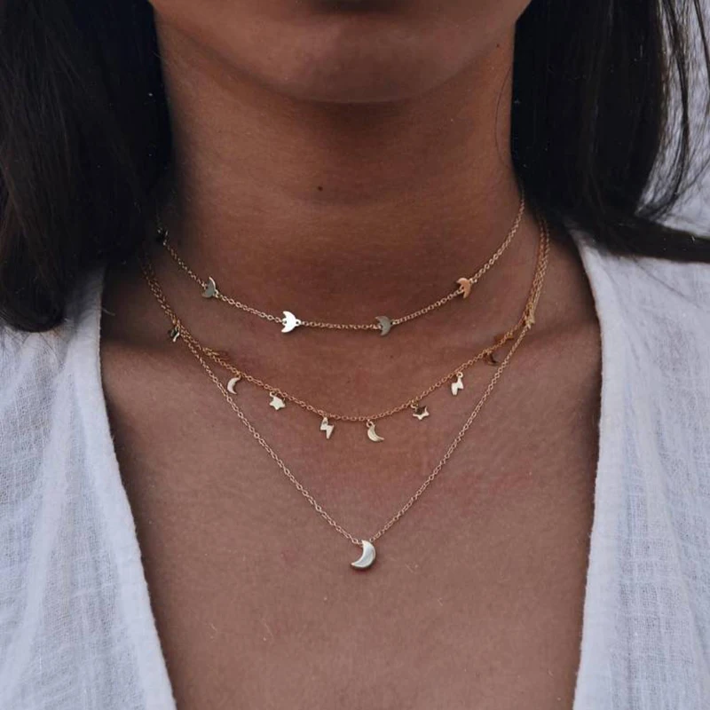 Agello Gold Tone Layered Necklaces Set Female Neck Clavicle Chain Geometric Mini Crescent Moon Star Pendant Necklace Choker Chain for Women Girls 
