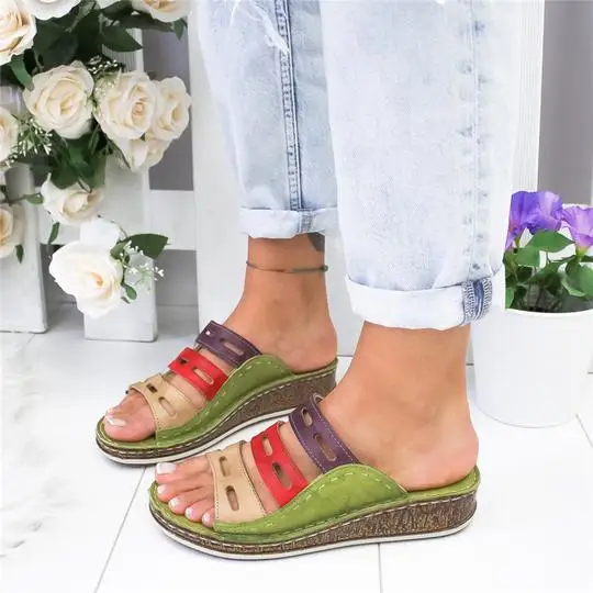 Новые модные Летние женские босоножки 3 цвета шить сандалии женские туфли на высоком каблуке с открытым носком; повседневные туфли-танкетки на платформе шлепанцы пляжная обувь - Цвет: green