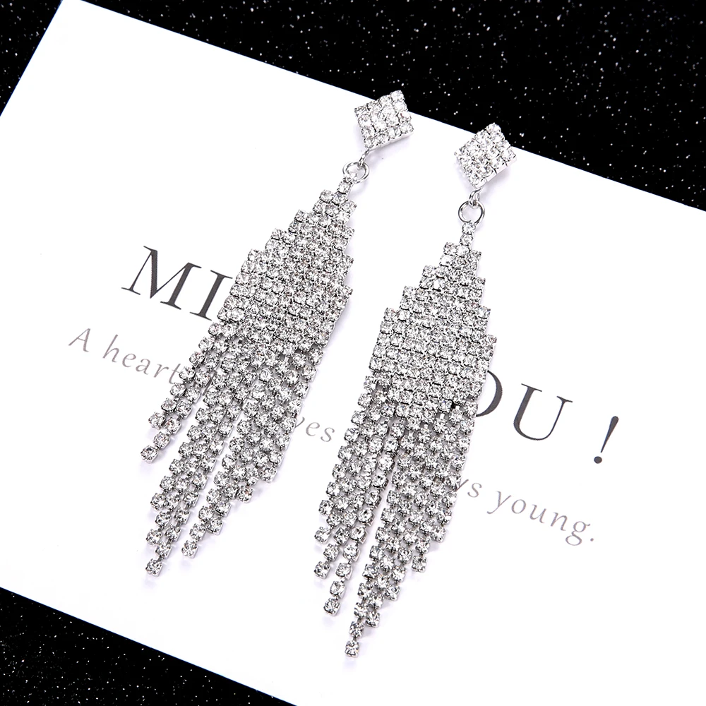 

S925 Silver Needle Earring Big Crystal Romatic Irregular Length Earring Long Tassel Statement Dangle Earrings Women Gift