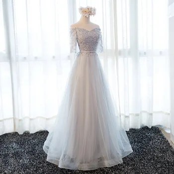 

Floor Length Grey Evening Dress Half Sleeve Embroidery Prom Dresses Muslim Evening Dresses Beaded Robe de Soiree