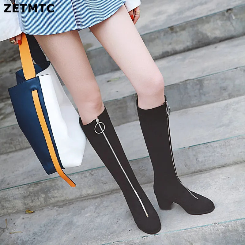

ZETMTC 2019 autumn and winter new women's boots thick with high heels knee high boots women's black gray blue women's shoes larg