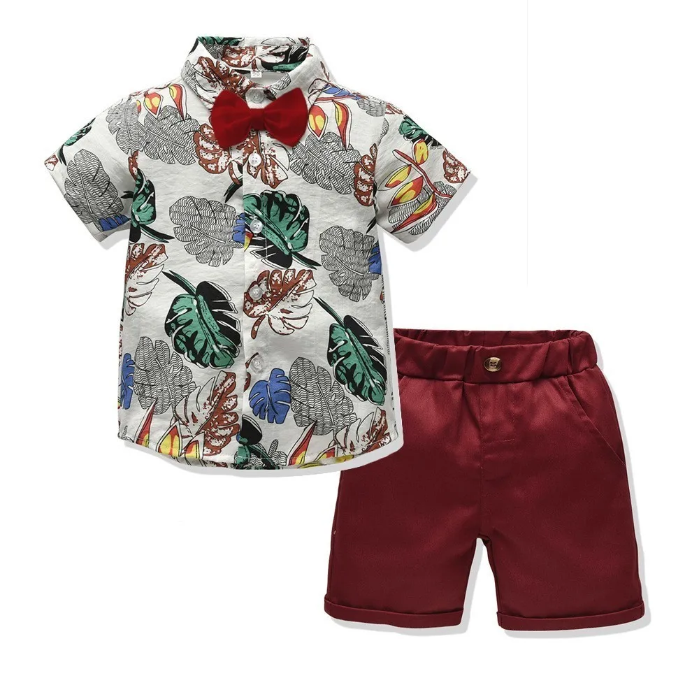 Комплект одежды для мальчиков, Костюм Джентльмена с рубашкой с бабочкой, рубашка с короткими рукавами, футболка, шорты, Модный комплект из 2 предметов с цветочным принтом для мальчиков 2-7 лет