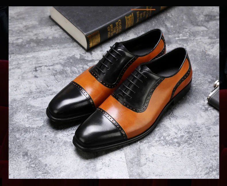 Men's Full Grain Leather Dress Shoes Classical Business Oxfords Shoes Mixed Color Men's Brogue Shoes Moccasin For Men Square Toe (1)