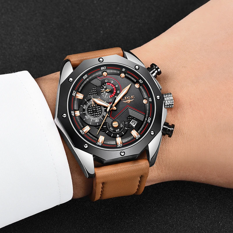 

2019 LIGE Fashion Brand Luxury Mens Casual Sports Leather Watch Men's Military Automatic Quartz Watch Relogio Masculino+Box