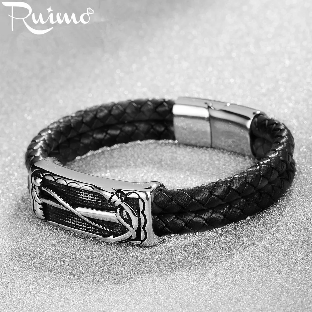 Красный двойной кожаный мужской Браслет манжета RUIMO из нержавеющей стали 316L