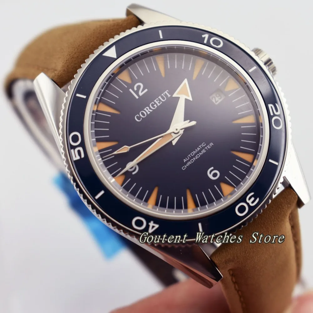 

41mm Corgeut Blue Dial Leather Luminous Automatic Movement Men's Watch