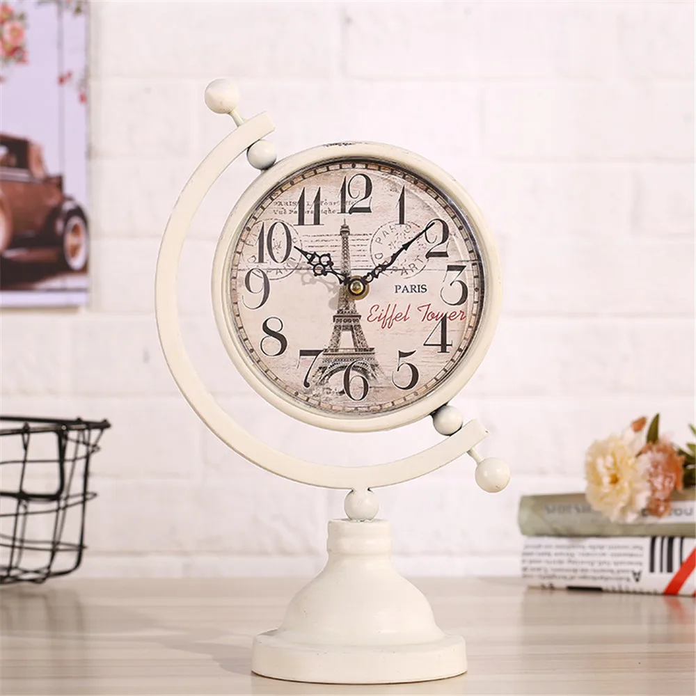 

Europe Vintage Metal Desk Clock Bedroom Minimalist Mute Needle Table Clock Globe Shaped Design Clock Battery Operated