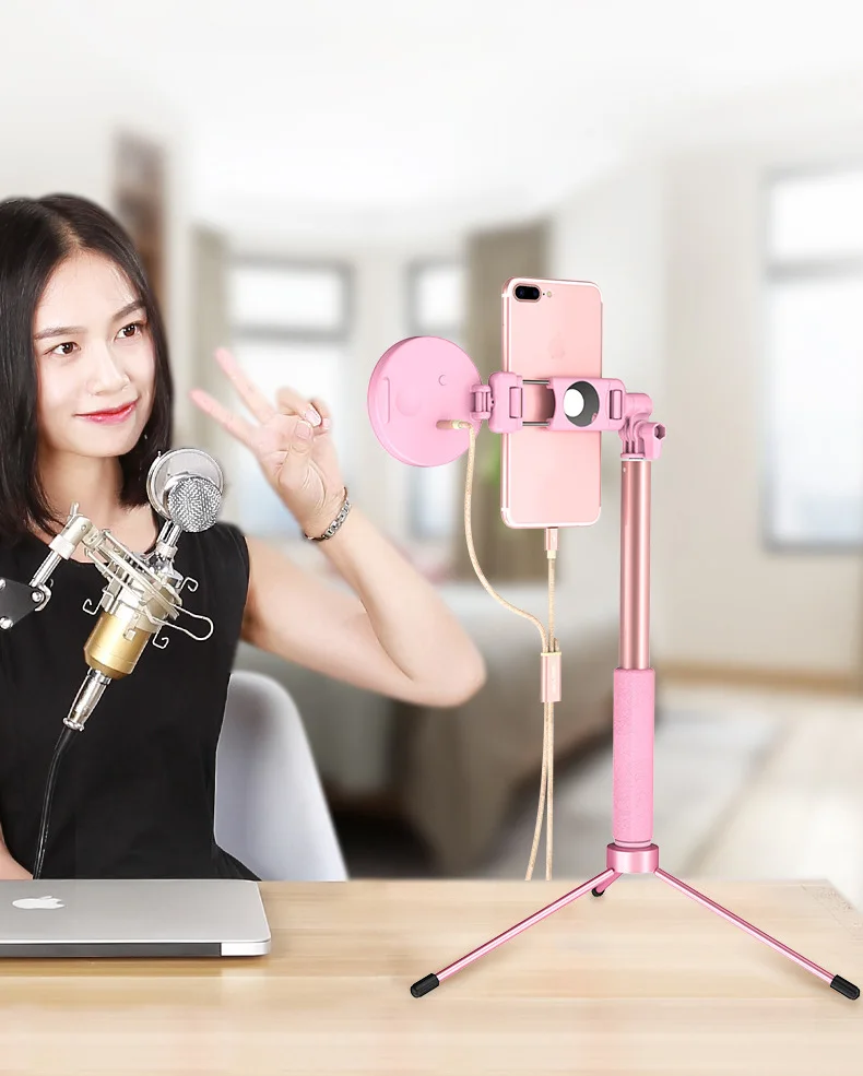 1.7m Extendable live Tripod Selfie Stick LED Ring light Stand 4 in 1 Monopod Phone Mount 6