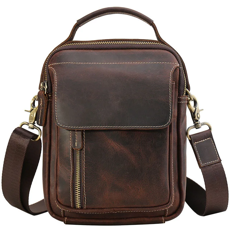

Male Genuine Leather Handbag Men Vintage Crazy Horse Messenger Shoulder Bag Men's Briefcase Crossbody Casual Bag Small Flap Tote