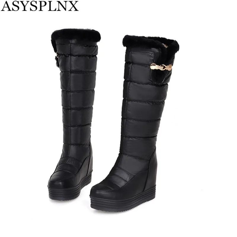 ASYSPLNX Russia Black white wedge Height knee high women snow boots Winter style Sexy platform