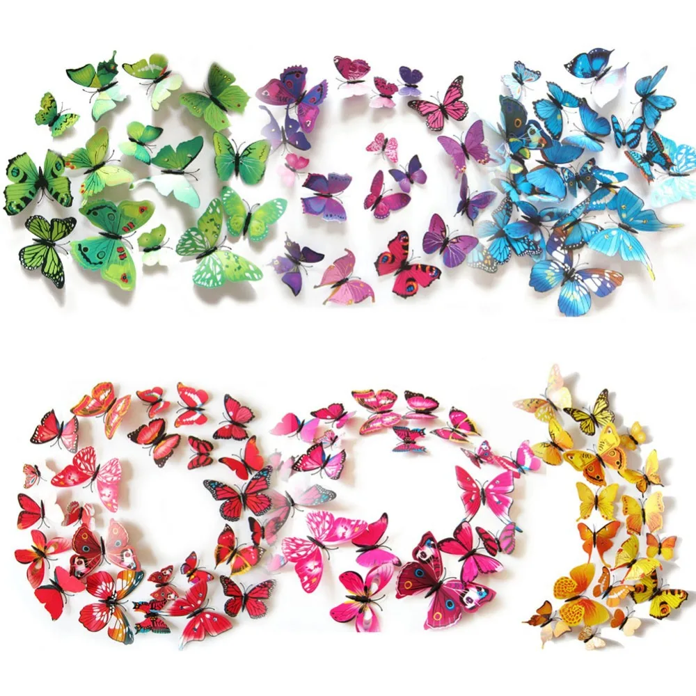 

15 Colors 12pcs/lot PVC Butterfly 3D sticker home Art Design Wall Decor Bedroom Living room Decorative Decal Kids Room Party DIY