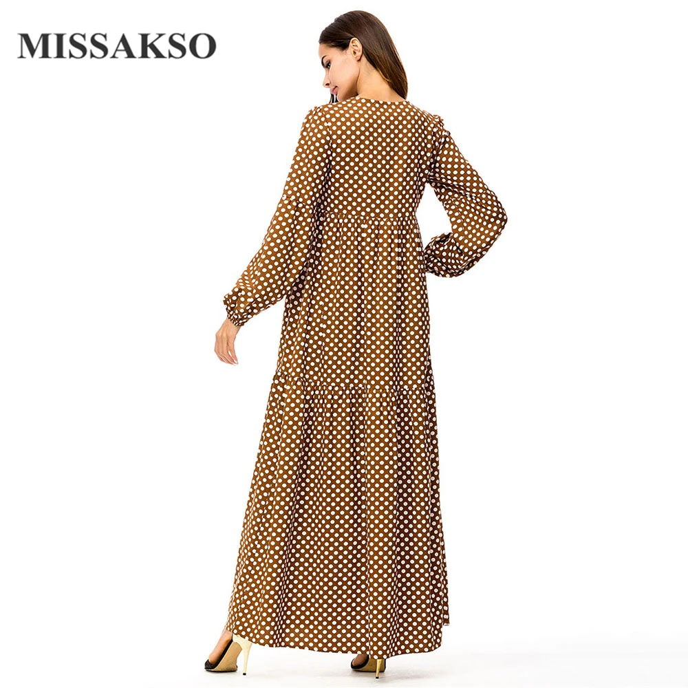 Missakso الحلو أنيقة النساء اللباس خمر عارضة شرابة نقطة ألف خط طويل الأكمام الشتاء فضفاض عالية الخصر سيدة ماكسي براون اللباس