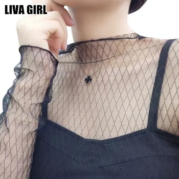 

Liva Girl Sexy Perspective Hollow Out Women Mesh Tops Blouse Shirt Undershirt Transparent Long Sleeve Basic Tops Glitter Sheer
