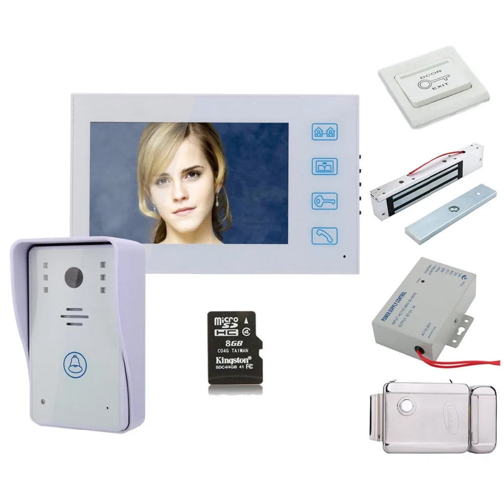 

Home Security 7" HD Recording Video Door Phone Intercom Doorbell With 8G TF Card Night Vision+Electronic locks Set
