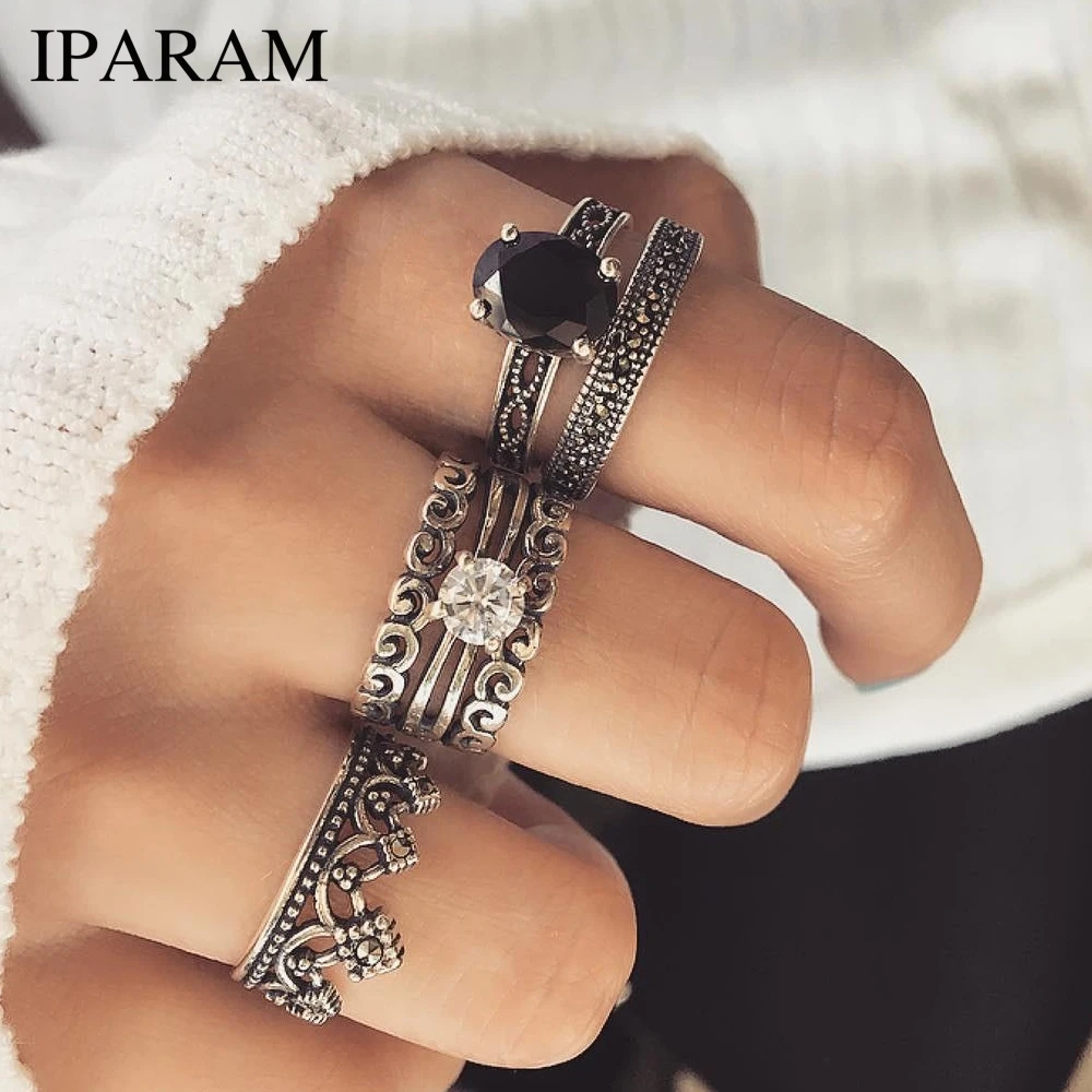 

IPARAM 6pcs/Set Vintage Antique Silver Black White Rhinestone Crown Ring Set for Women Knuckle Finger Midi Rings Jewelry