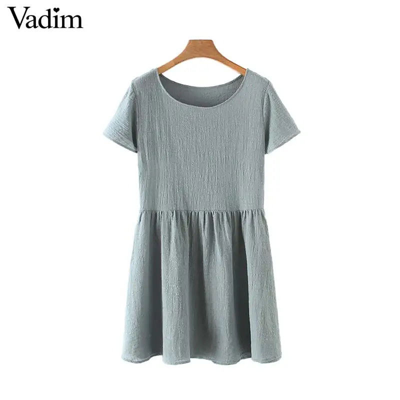 

Vadim women elegant linen mini dress pleated cute short sleeve sweet casual O neck chic female A line dresses vestidos QB585