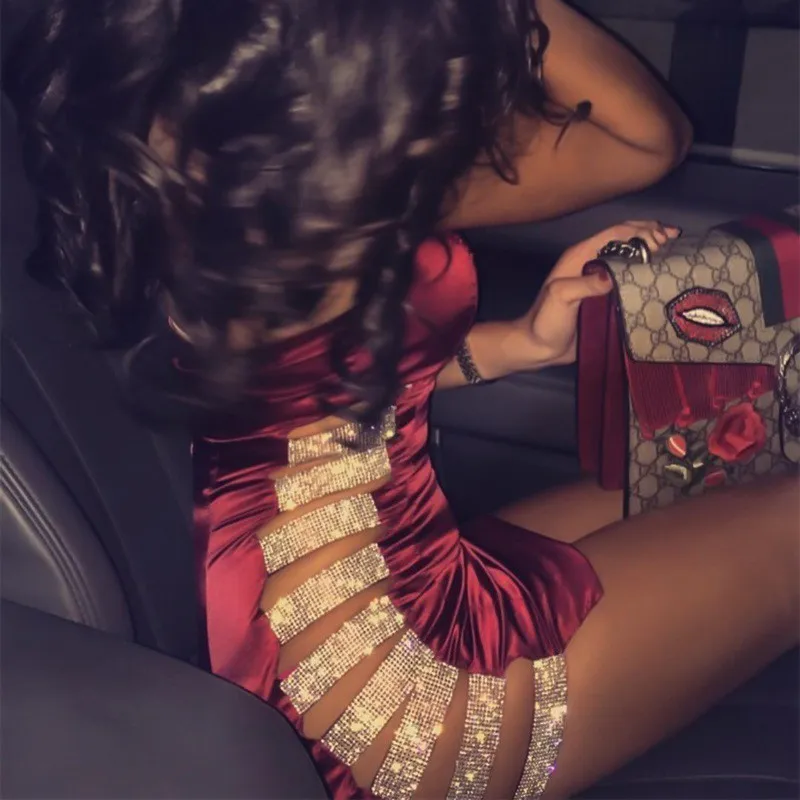 Sexy Sequins Glitter Split Dress Women Hollow Out Lace Up Dresses Slim Strapless  Female Nightclub Dress Vestido2