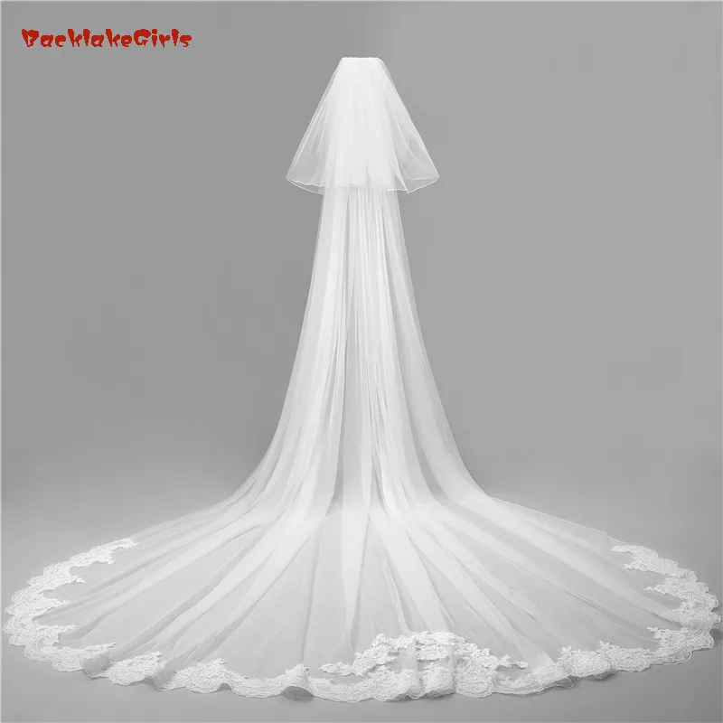

2018 White Directly Selling Wedding Veils Long Cathedral Bride Lace For Dress Accessories Veil 2 Layers 3 Meters With Comb