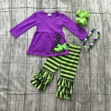 Осенняя шляпа ведьмы на Хэллоуин, наряды для маленьких девочек, бутик детской одежды, Детские хлопковые фиолетовые и зеленые полосатые штаны, подходящие аксессуары