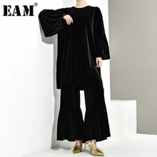 [EAM] New Spring Autumn Round Neck Long Sleeve Black Velevt Loose Wide Leg Pants Two Piece Suit Women Fashion Tide JY9040