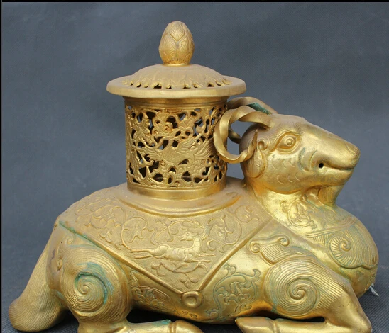 

JP S61 Old Chinese Dynasty Gold Copper Phoenix Sheep Zun Statue Incense Burner Censer