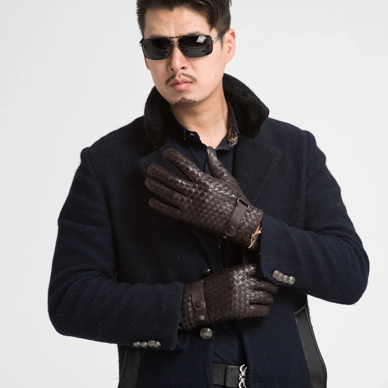 High Quality Weave Men Genuine Leather Gloves Fashion Solid Wrist