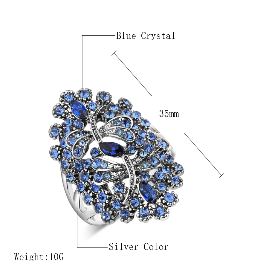 Wbmqda, популярные винтажные кольца Стрекоза со стразами для женщин, античное серебряное большое кольцо с полой поверхностью, ювелирные изделия с кристаллами в виде животных для свадебной вечеринки