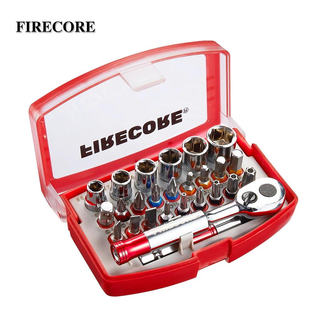 

FIRECORE 26Pcs 1/4" Ratchet Wrench And Screwdriver Bit Set Slotted Hex Torx Bits Mini Rachet Spanner And Screw Driver Bit Kit