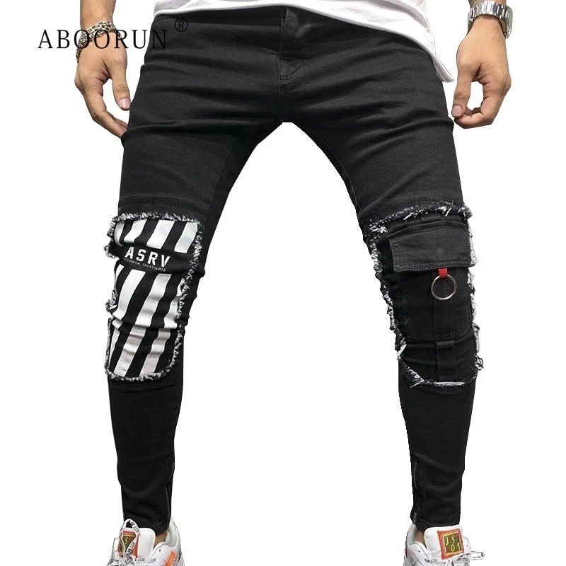 

ABOORUN Oversize Men's Jeans Skull Printed Zipper Ripped Pencil Jeans with Hole Streetwear Fashion Tight Jeans for Male x2660