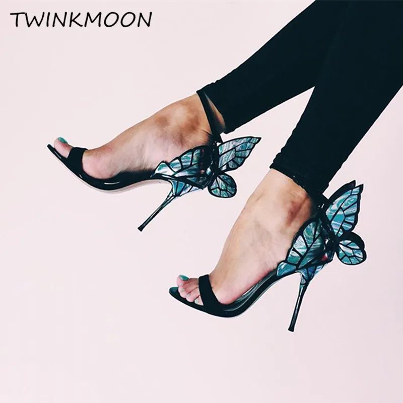 Ceny Skrzydło motyla projektant sandały damskie Mirrow metalowe haftowane buty na wysokim obcasie z paskiem na kostce buty Glitter Woman sandały gladiatorki