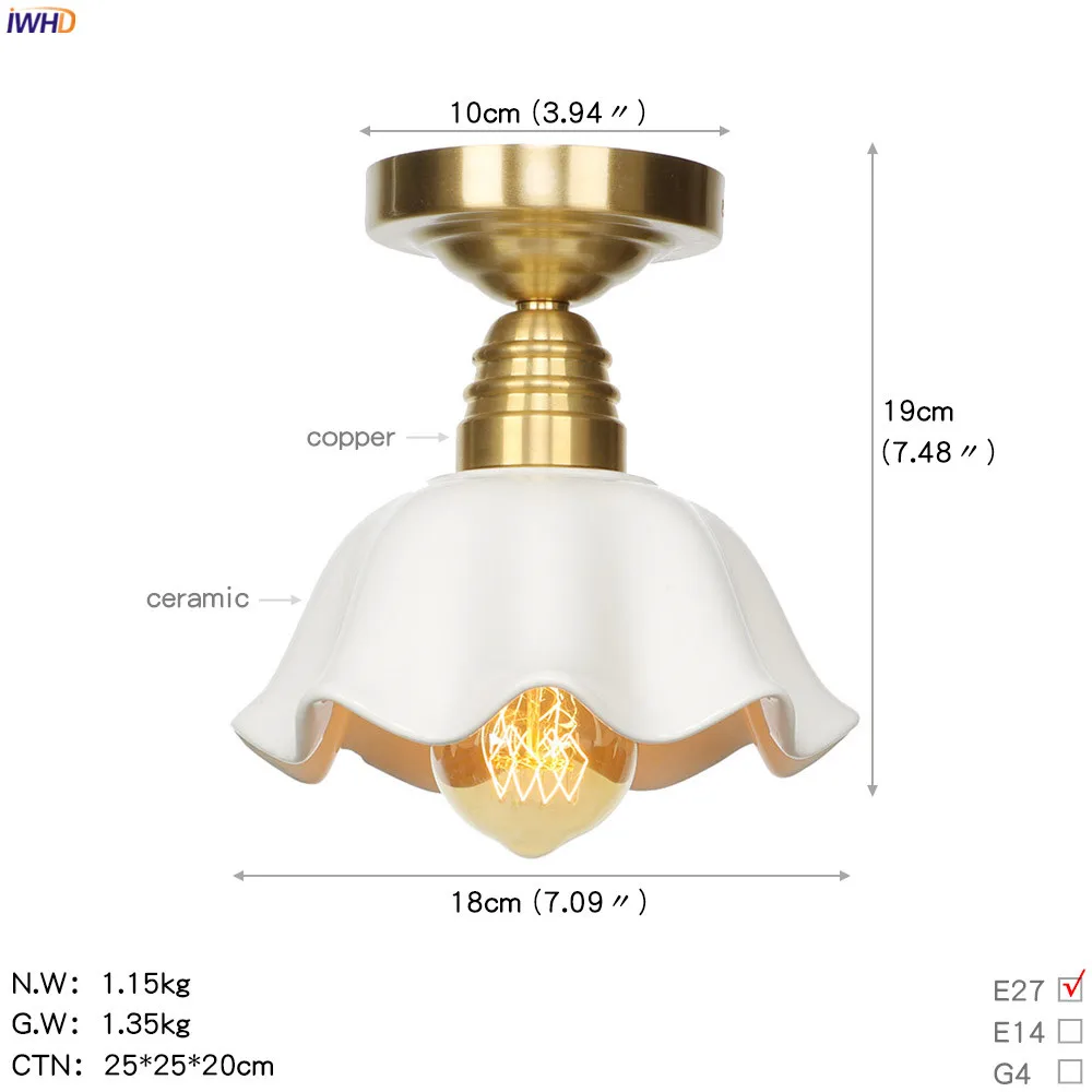 IWHD скандинавские белые керамические светодиодный потолочный светильник балконное крыльцо для гостиной медные потолочные светильники