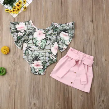 

Baby Girl Kids Summer Toddler Outfits Clothes Ruffle Romper Floral Tops+Skirt 2PCS Set Cotton Outfit Clothes