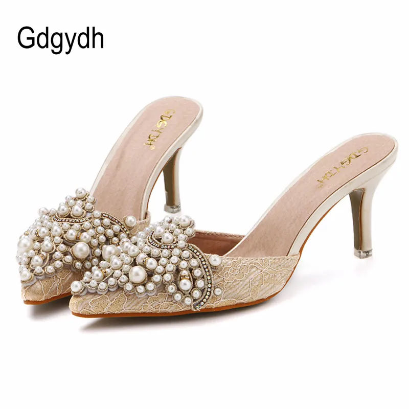 

Gdgydh New Brand 2018 Summer Shoes Women Sweet Elegant Pearl Beaded High-heeled Shoes Thin Heels Pointed Toe Women Sandals