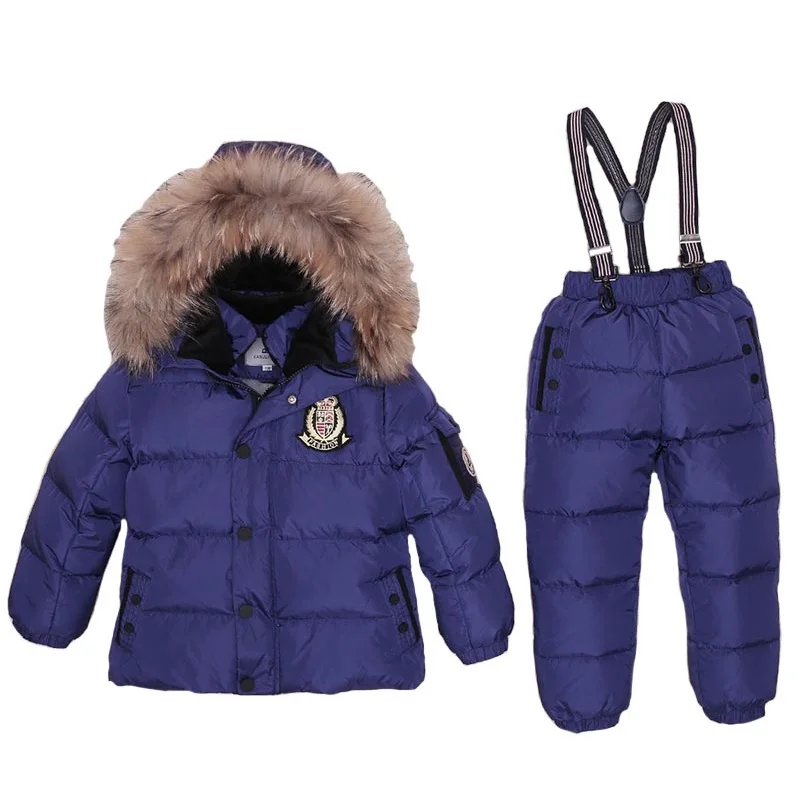 

-30 Russian Winter Snowsuit Real Fur Children Clothing Set Down Boy Baby Outwear Waterproof Ski Suit Girls Jackets Kids Jumpsuit
