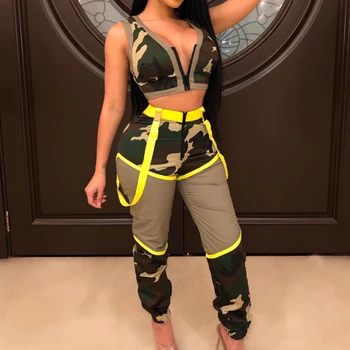 

Camouflage Streetwear Backless Sexy Women Two Piece Sets V Neck Sleeveless Crop Top Pants Vocation Casual Club Outfits Summer