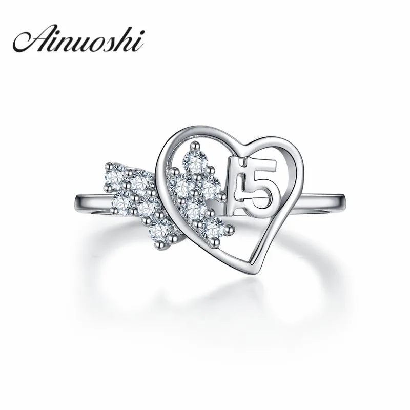 Ainuoshi стерлингового серебра 925 пробы сердце в форме чисел Princess Crown Кольца Сона круглой огранки Обручение Свадебные Кольца подарки