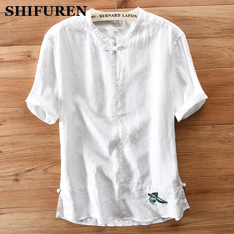 

SHIFUREN New Summer Men Causal Shirts Breathable 100% Linen Shirts Short Sleeve Chinese Style Mandarin Collar Big Size M-XXXL