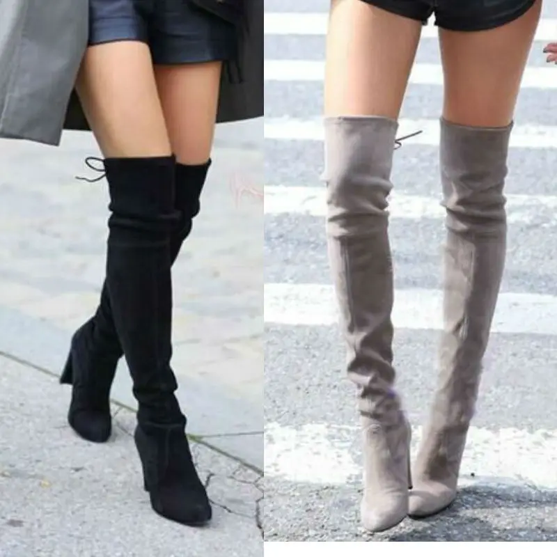 Women Faux Suede Thigh High Boots Over The Knee Boots Stretch Sexy