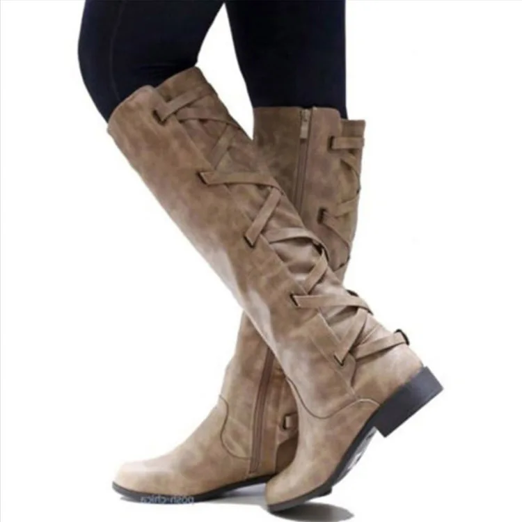 NAN JIU/Горные ботинки г. Женские осенне-зимние ботинки до середины икры на плоской подошве, с перекрестными ремешками, на молнии, 5 цветов, большие размеры 35-43