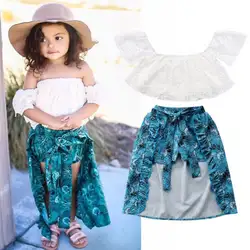 2018 модные Одежда для маленьких девочек дети кружева цветочные с открытыми плечами хлопок Топ и юбка брюки Праздничная одежда принцессы 2 шт