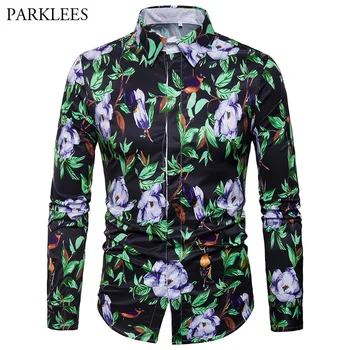 

Mens Fashion Hawaiian Beach Shirts 2019 Spring Floral Print Black Dress Shirt Men Casaul Slim Fit Holiday Party Camisas Hawaiana