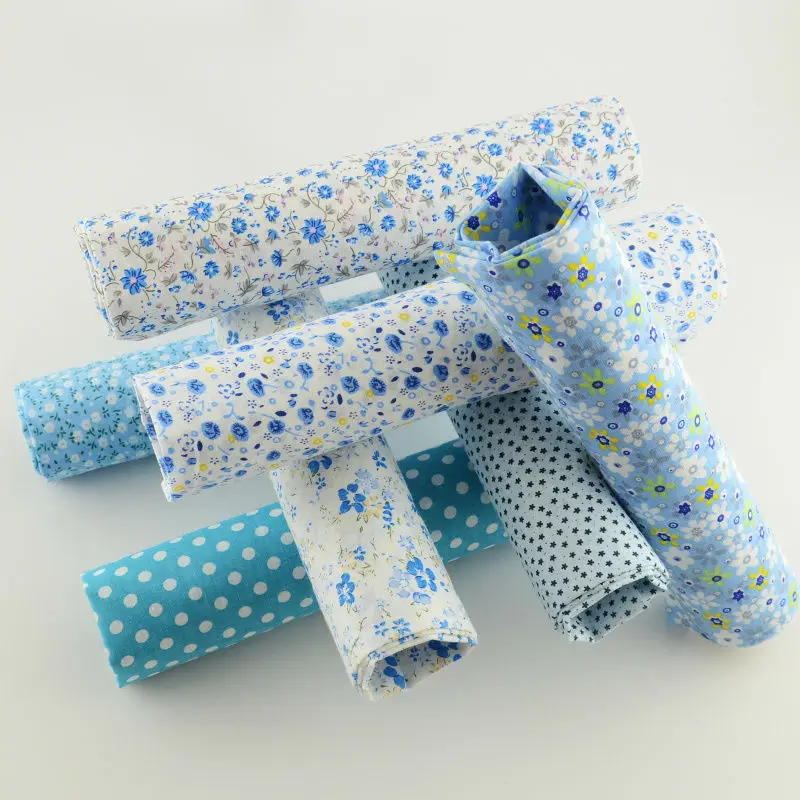 7pcs Mix Light Blue Print Lovely Flowers Abd Dots 100% Cotton Fabric Square Bundle Perfect Match Table Cloth DIY Dolls Handmade|100% cotton