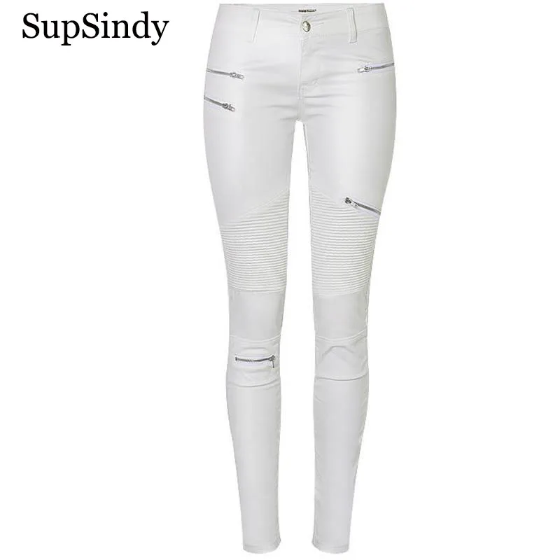 SupSindy, женские штаны из искусственной кожи, модные белые леггинсы, дикие тонкие узкие брюки на молнии, мотоциклетные кожаные штаны для женщин, брюки