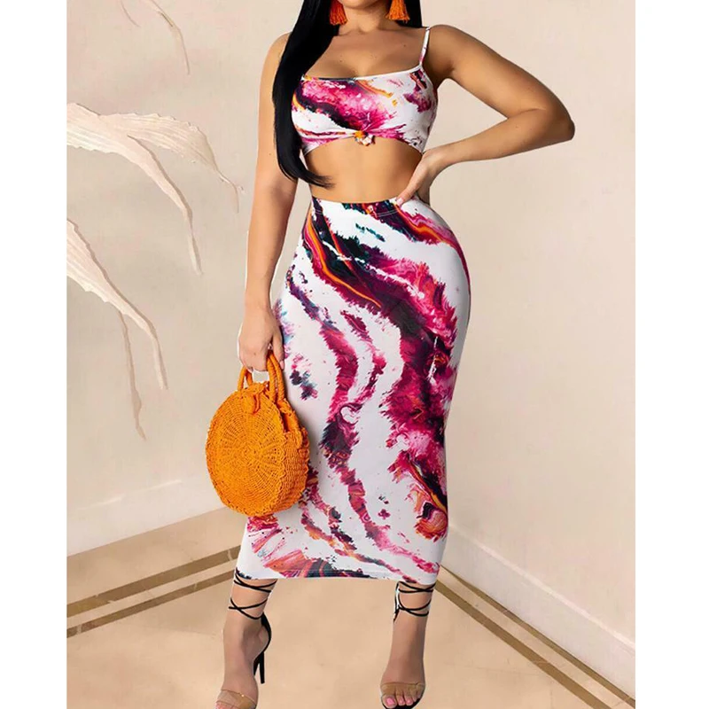 

Dye Skirt Set Women Sleeveless Bow Crop Top and Long Maxi Skirt Print Sexy Spaghetti Strap Skirt Sets 2 pcs Clothes