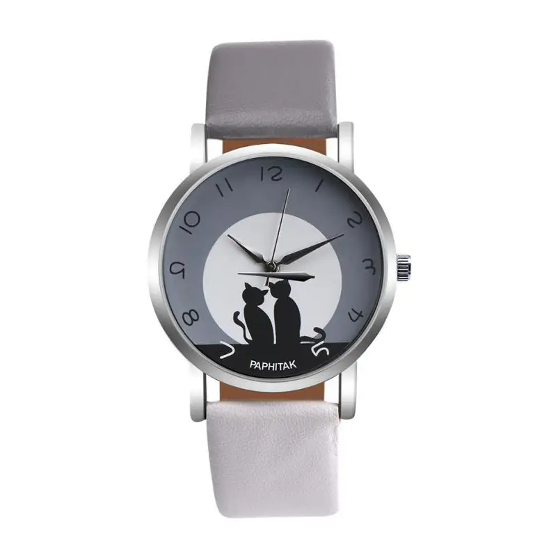 Новые модные женские часы с милым котом из искусственной кожи, аналоговые кварцевые наручные часы унисекс# Ju - Цвет: As Show